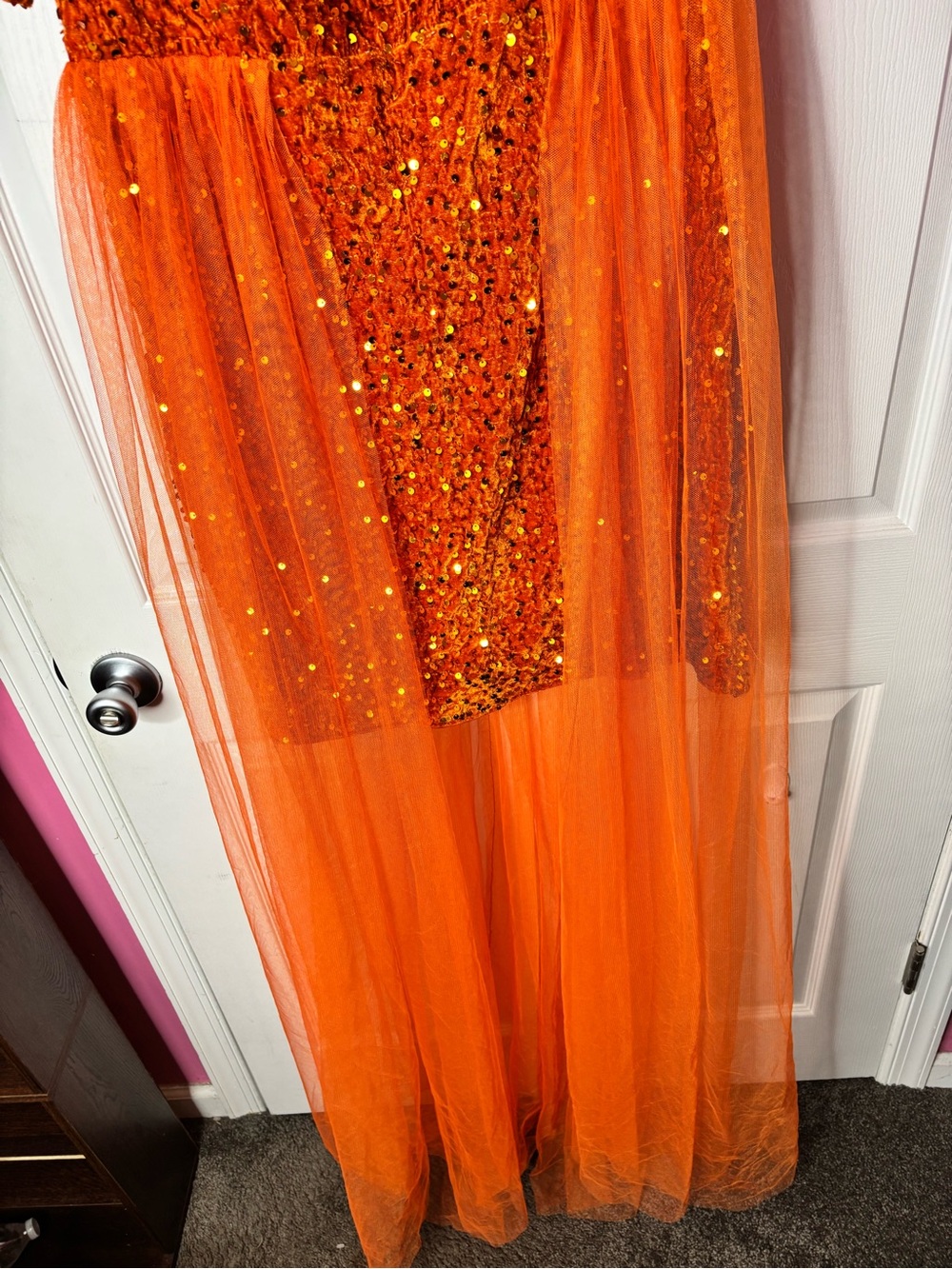 Faeriesty Plus Orange Sequin Party Dress Mesh Overlay Off Shoulder Puff Sleeve - Picture 5 of 9